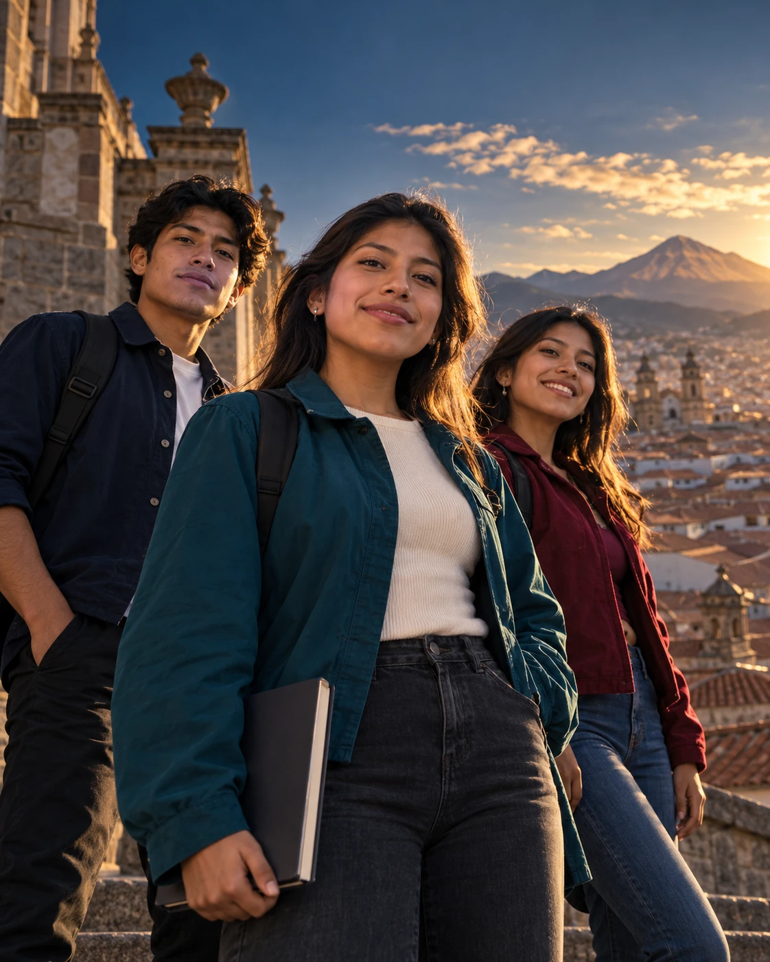 Imagen ilustrativa de tres jóvenes bolivianos mirando al futuro con confianza, con un paisaje de inspiración potosina al atardecer